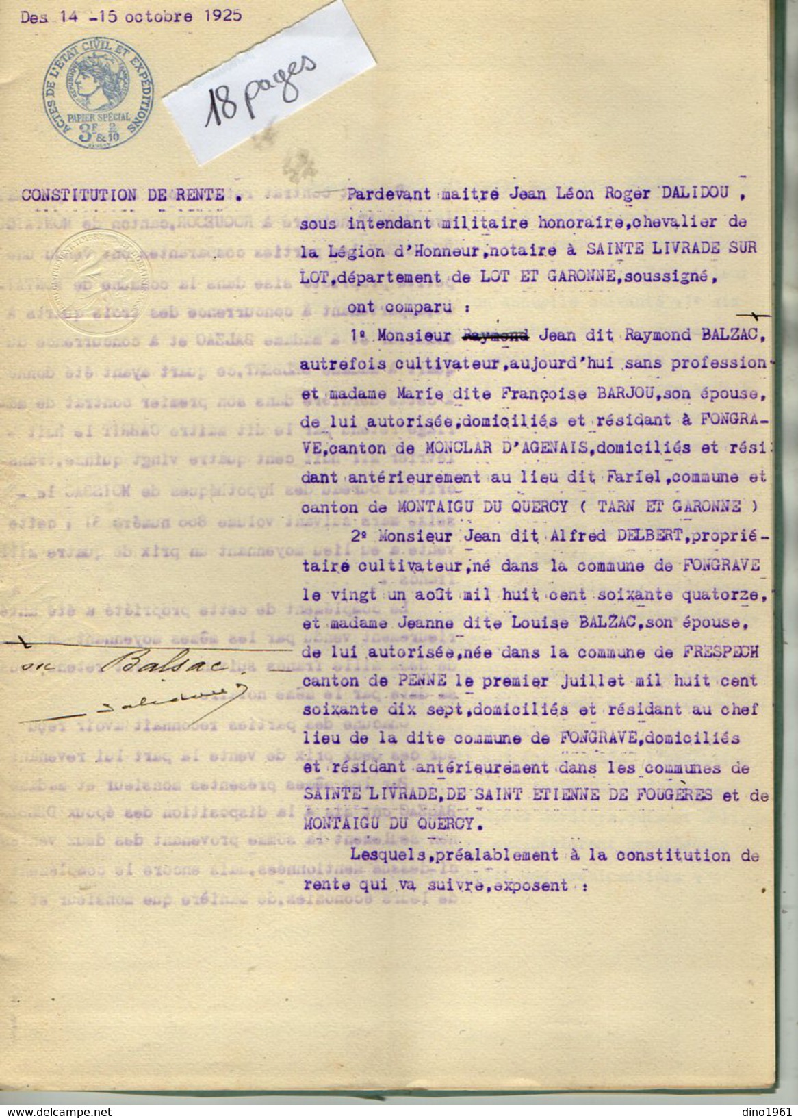 VP6102 - SAINTE LIVRADE - Acte De 1925 - Constitution De Rente Par DELBERT à BALZAC De FONGRAVE - Collections