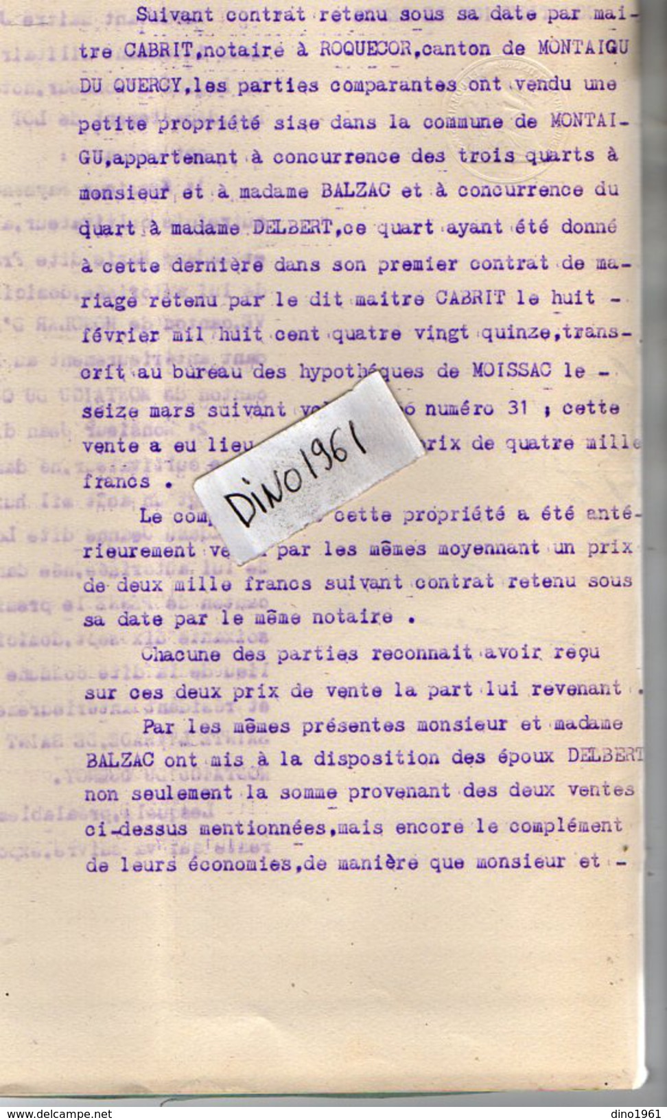 VP6102 - SAINTE LIVRADE - Acte De 1925 - Constitution De Rente Par DELBERT à BALZAC De FONGRAVE - Collections