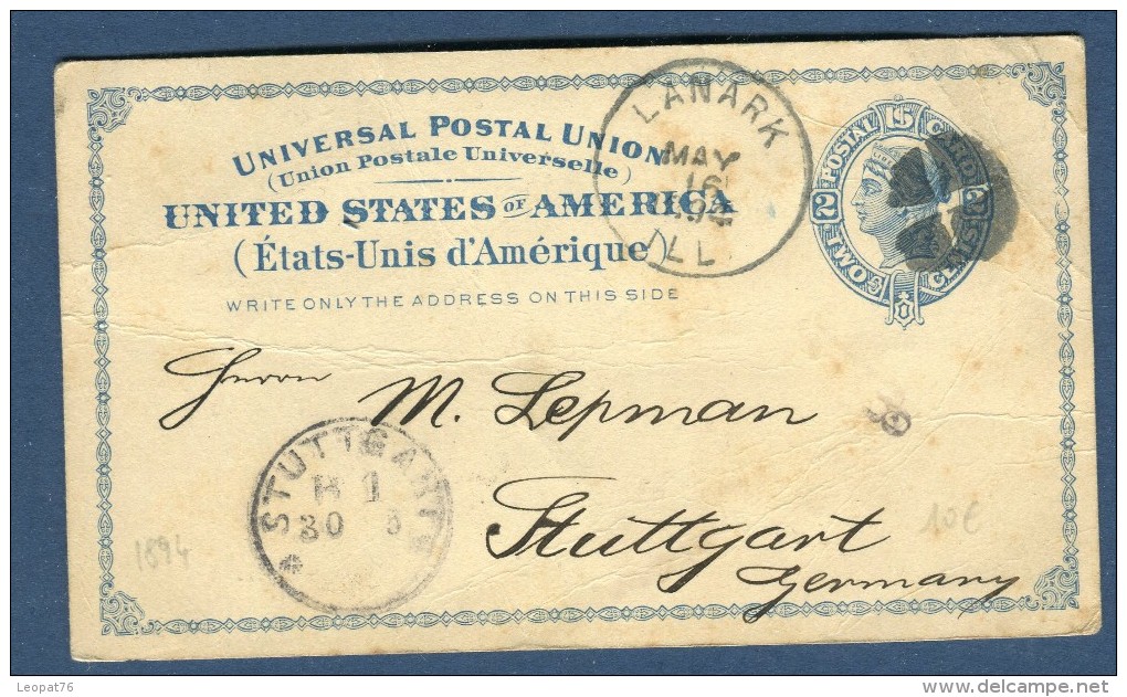 Etats - Unis - Entier Postal ( Quelques Froissures ) De Lanark Pour Stuttgart En 1894  Réf  N 44 - ...-1900