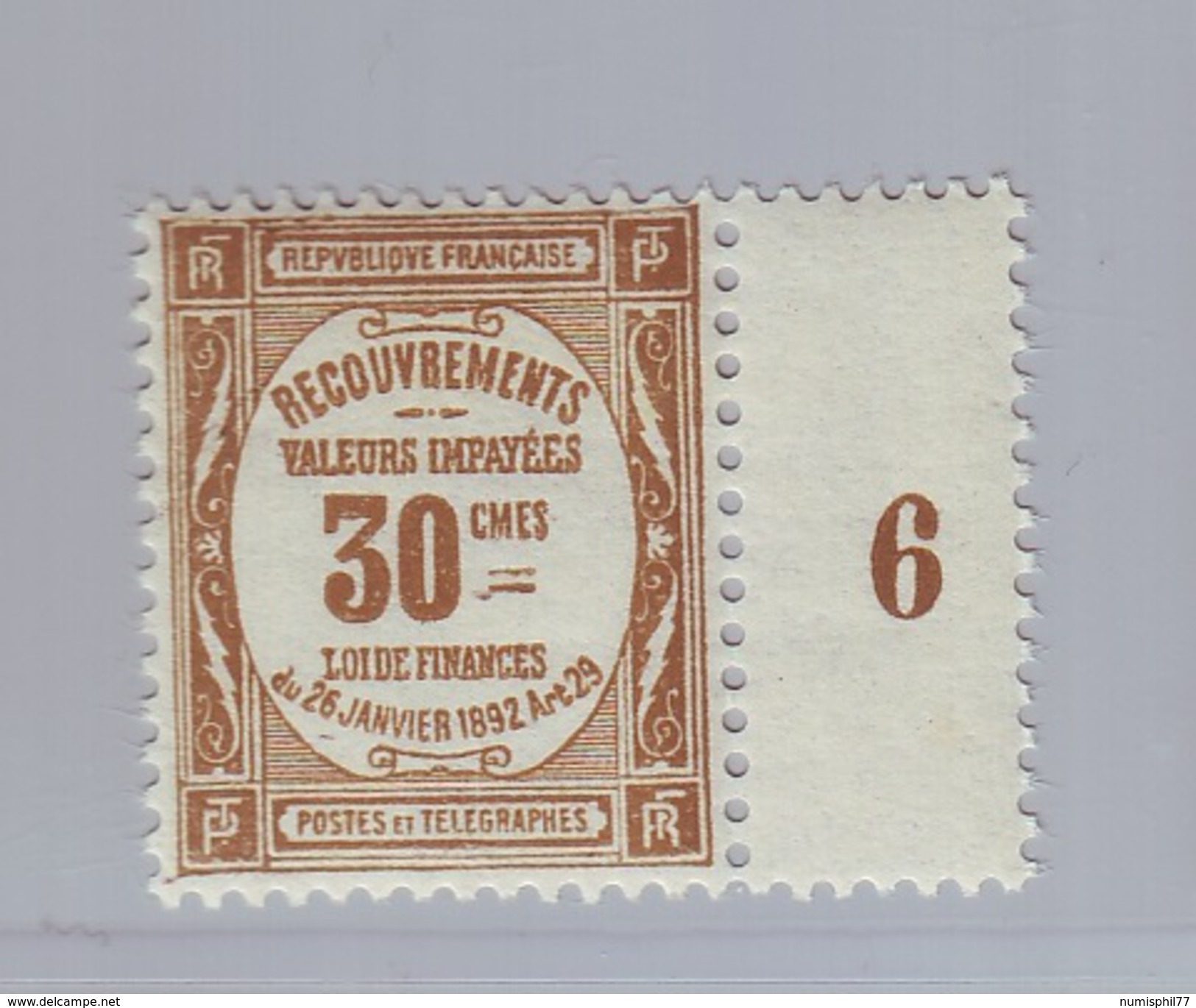 FRANCE Timbre Taxe Y&T46 - 30 C Bistre Avec Bdf Millésimé. Neuf ** - 1859-1959 Neufs