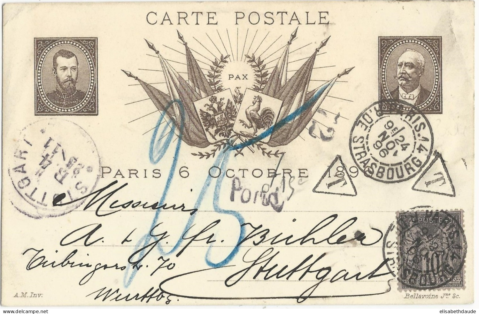 SAGE - 1896 - PSEUDO CARTE ENTIER De La VISITE Du TSAR VOYAGEE De PARIS Pour STUTTGART Avec TAXE - Enteros Administrativos