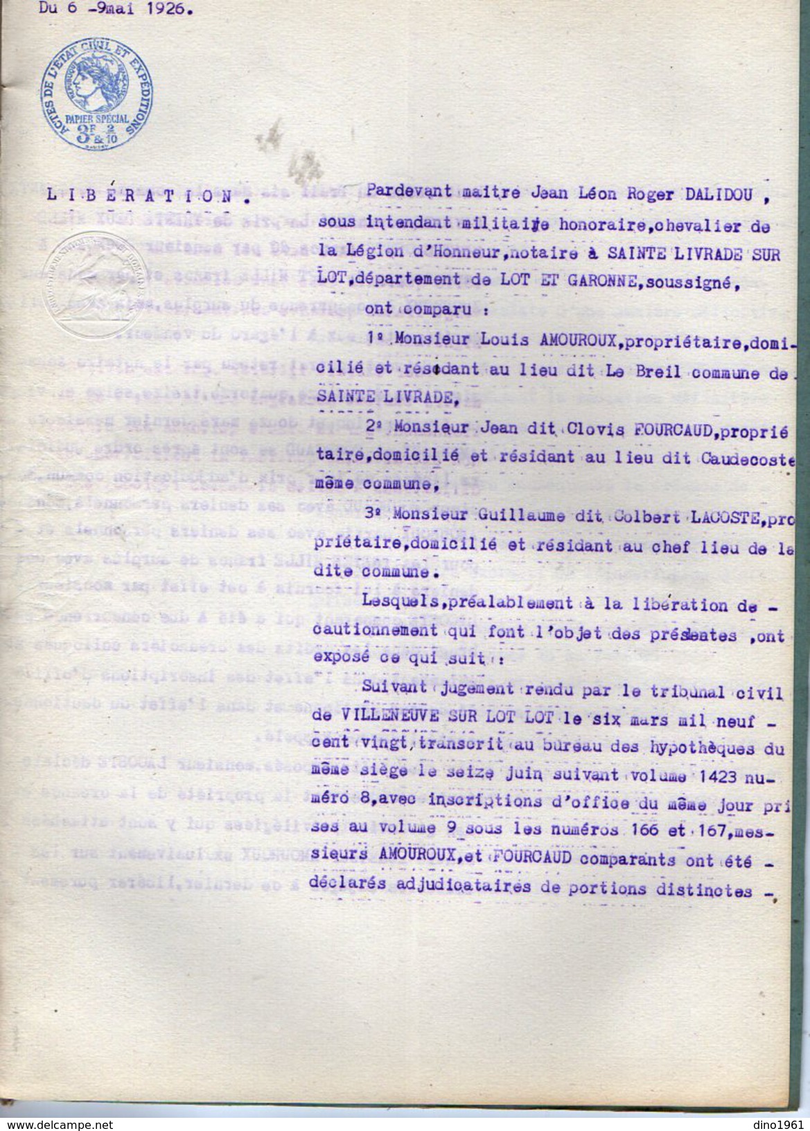 VP6105 - SAINTE LIVRADE - Acte De 1926 - Quittance Par Créanciers PELLEGRI à J.FOURCAUD - Collections