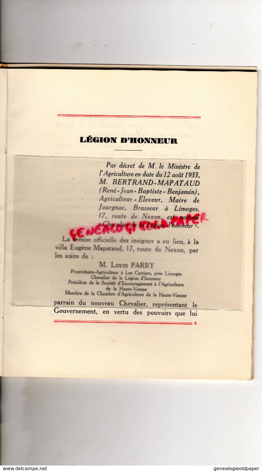 87 - LIMOGES - LIVRET SOUVENIR OFFERT PAR BERTRAND MAPATAUD POUR SA NOMINATION LEGION D' HONNEUR-MAIRE DE JOURGNAC-1933 - Documents Historiques