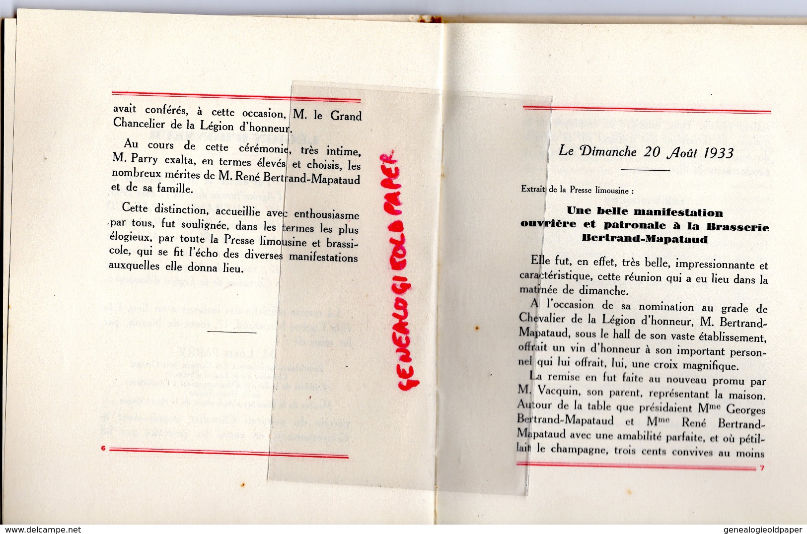 87 - LIMOGES - LIVRET SOUVENIR OFFERT PAR BERTRAND MAPATAUD POUR SA NOMINATION LEGION D' HONNEUR-MAIRE DE JOURGNAC-1933