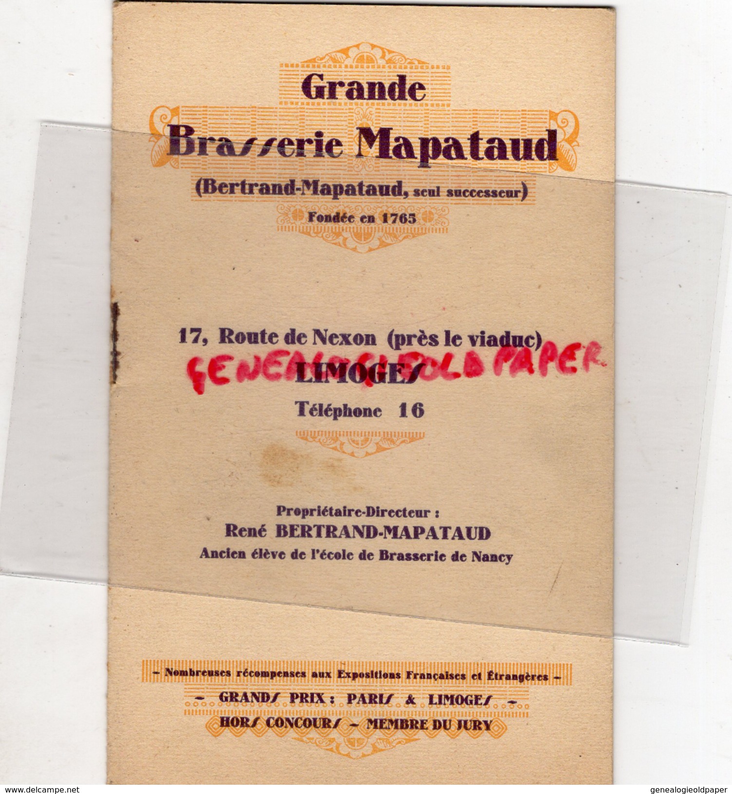 87 - LIMOGES - RARE LIVRET PUBLICITAIRE GRANDE BRASSERIE MAPATAUD - 17 ROUTE DE NEXON- BIERE - Documents Historiques