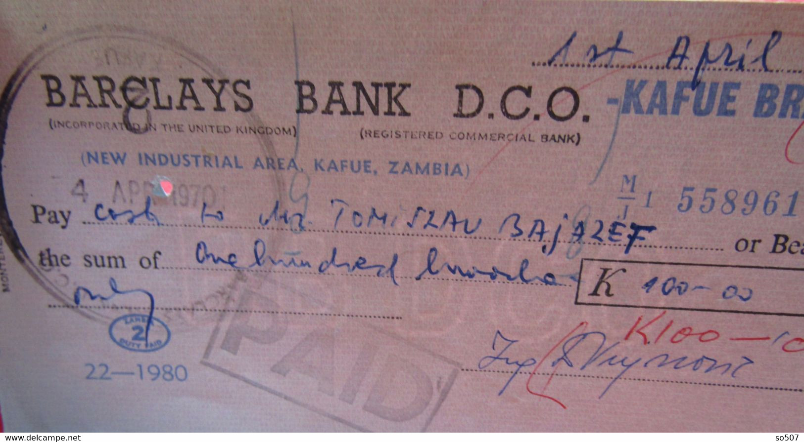 X1- Check, Cheque -Barclays Bank D.C.O. London -New Industrial Area, Kafue, Zambia,United Kingdom,Africa - Chèques & Chèques De Voyage