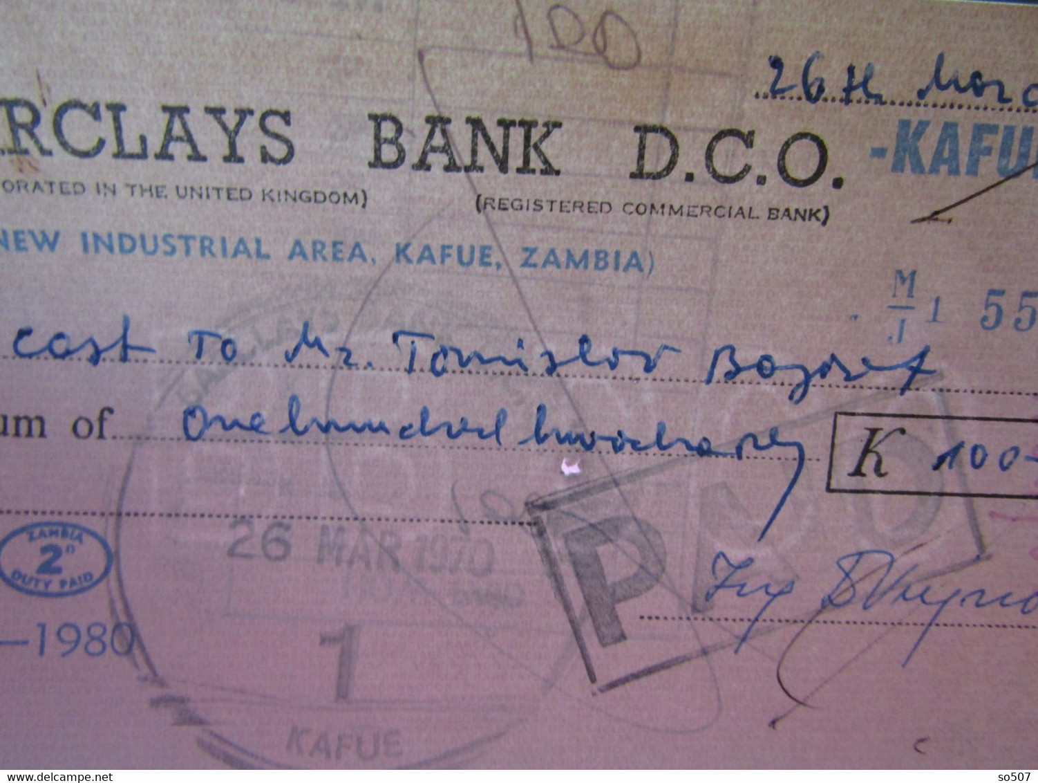 X1- Check, Cheque -Barclays Bank D.C.O. London -New Industrial Area, Kafue, Zambia 1970. United Kingdom, Africa - Cheques & Traveler's Cheques