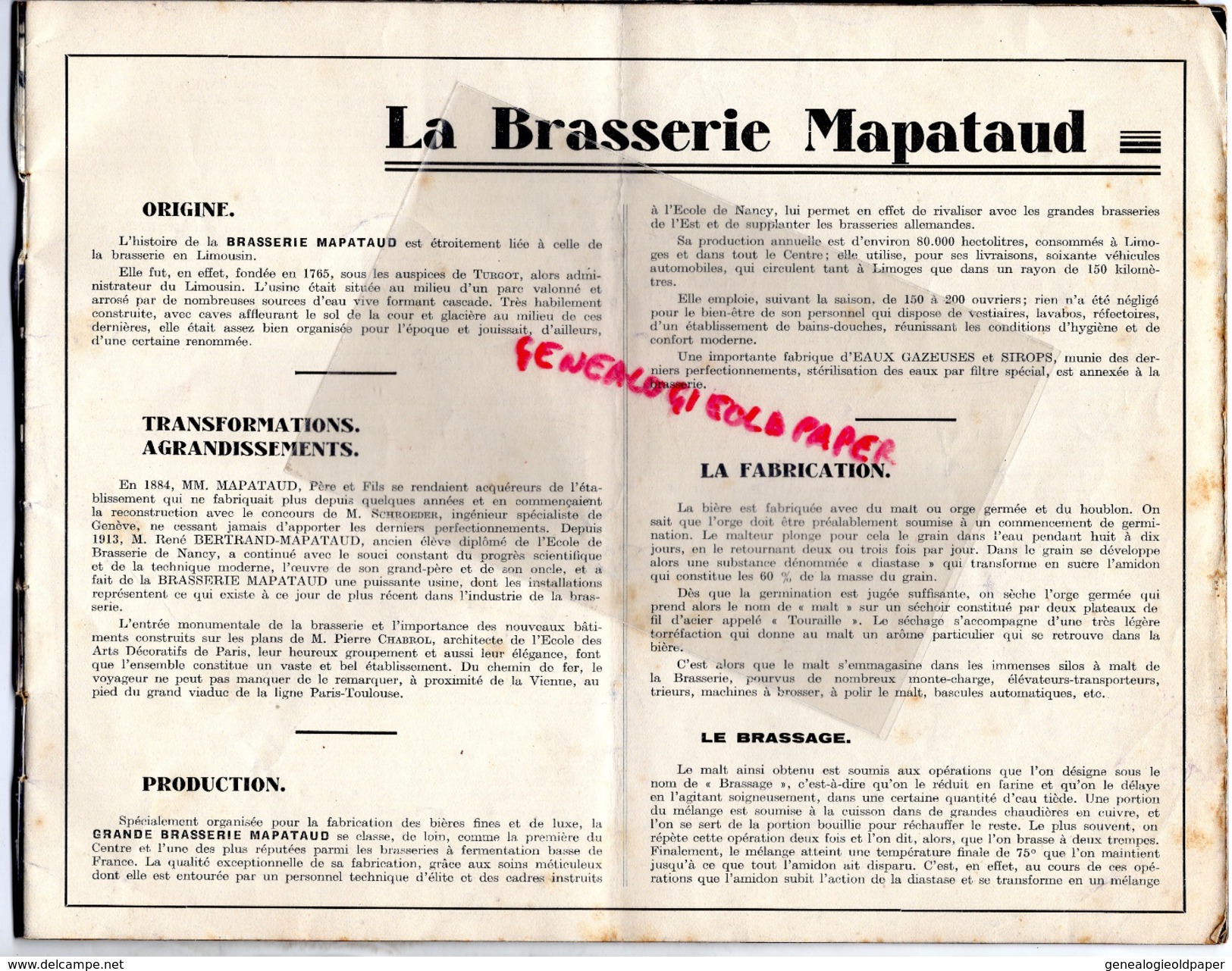 87 - LIMOGES - RARE LIVRET HISTOIRE BRASSERIE MAPATAUD -ROUTE DE NEXON- FONDEE EN 1765-ARCHITECTE PIERRE CHABROL PARIS- - Documentos Históricos