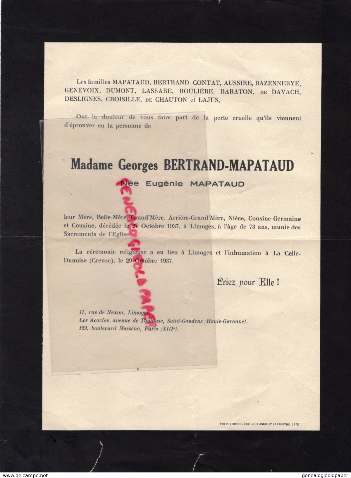 87 - LIMOGES - AVIS DECES MME BERTRAND MAPATAUD - BRASSERIE- CELLE DUNOISE -29-10-1937-CONTAT-AUSSIRE-DUMONT-BARATON- - Documents Historiques