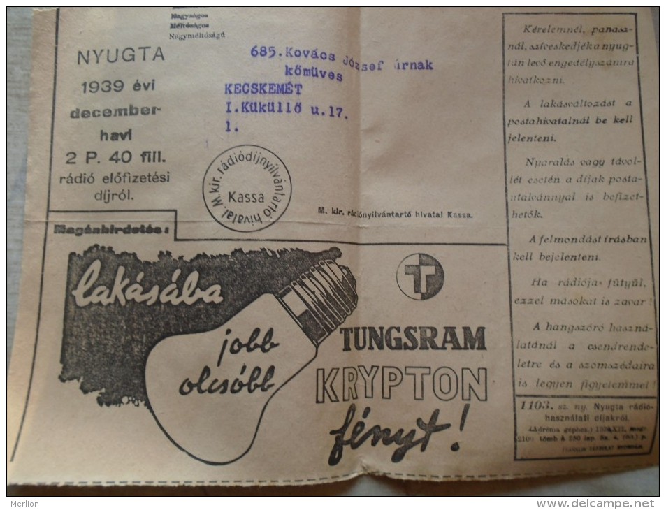 D142042 Hungary Radio Tax Receipt  2 P 40 F  - Advert. TUNGSRAM Light Bulb Krypton 1939 Kecskemét KASSA - Other & Unclassified