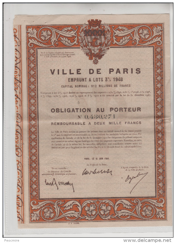 VILLE  DE  PARIS - Emprunt  à  Lots  3%  1948 - OBLIGATION  AU  PORTEUR -  N°  0.430.271 - Other & Unclassified