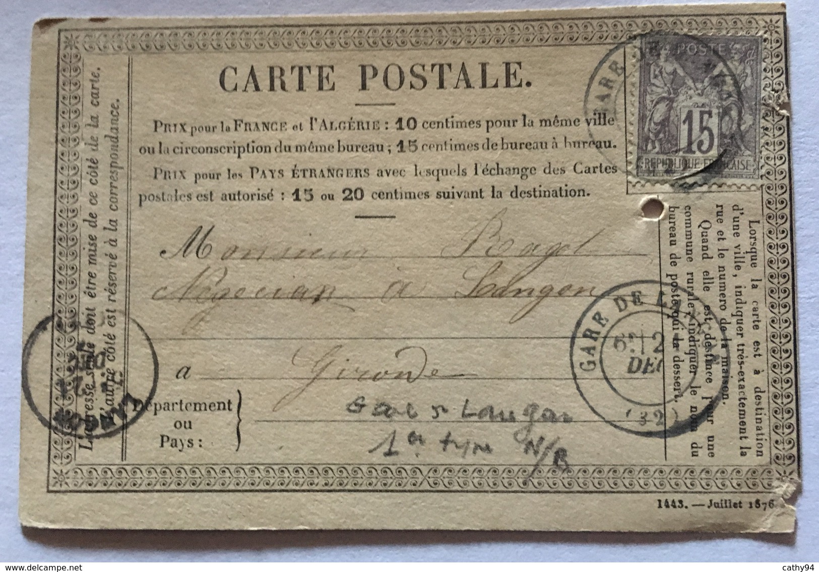 CARTE PRÉCURSEUR Pour GARE DE LANGON Affranchissement Type Sage Décembre 1876 - Precursor Cards