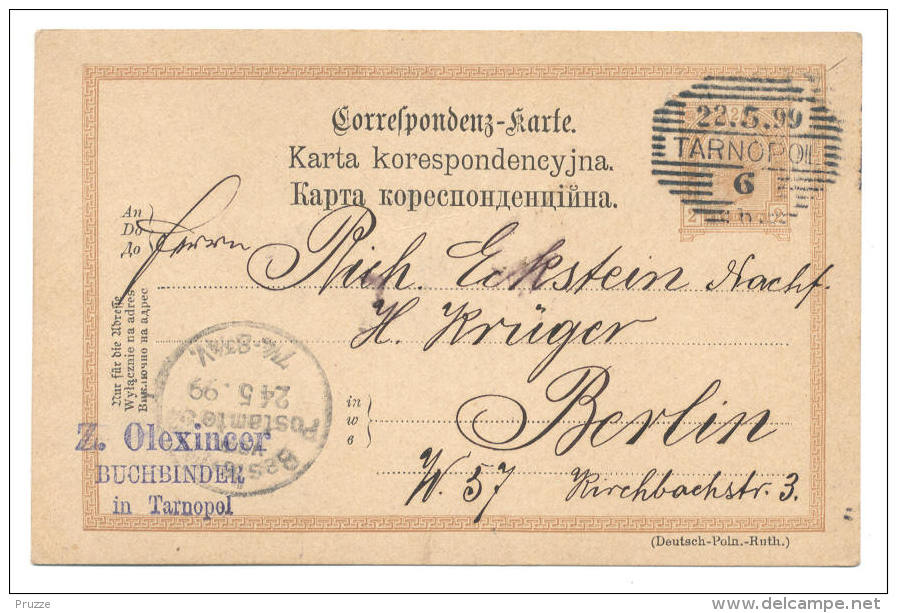 Ganzsache österreichisch Polen, Galizien, (Jewish) Olexincer Tarnopol 1899 Nach Berlin - Ganzsachen