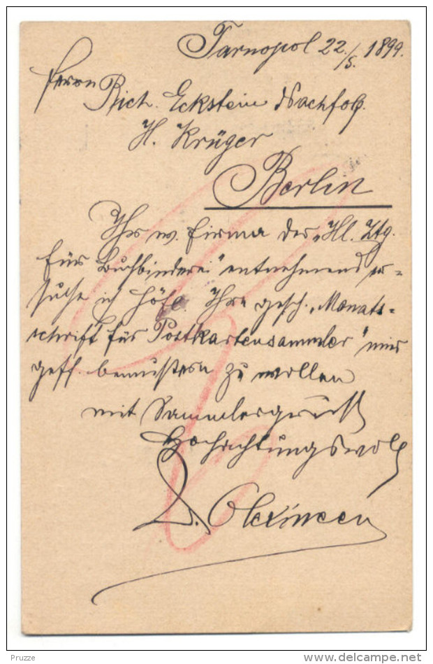 Ganzsache österreichisch Polen, Galizien, (Jewish) Olexincer Tarnopol 1899 Nach Berlin - Entiers Postaux