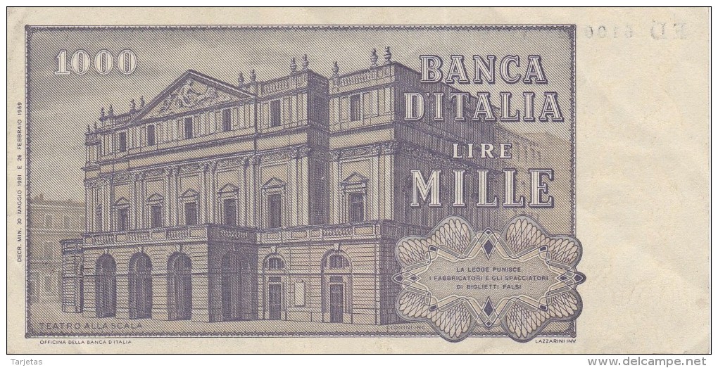 BILLETE DE ITALIA DE 1000 LIRAS DEL AÑO 1981 DE VERDI  (BANKNOTE) - 1.000 Lire