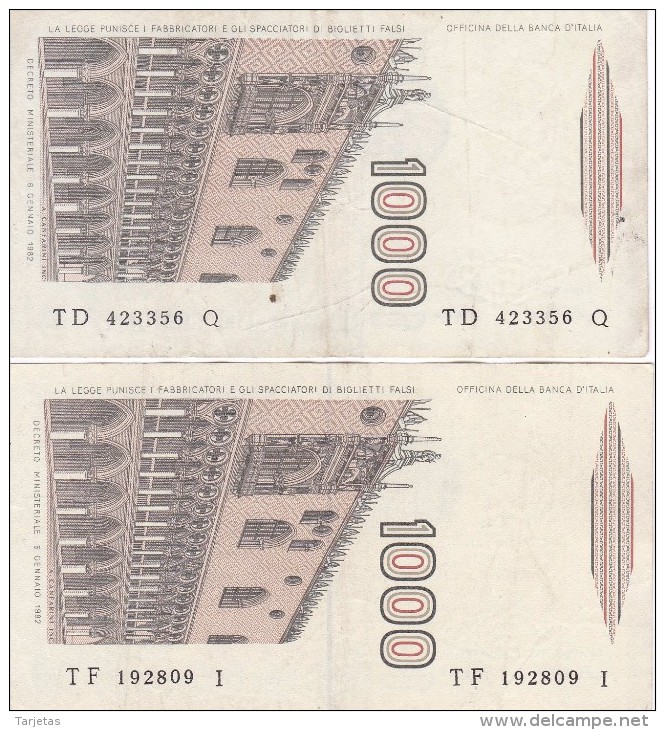 LOTE DE 2 BILLETES DIFERENTES FIRMAS DE ITALIA DE 1000 LIRAS DEL AÑO 1982  MARCO POLO  (BANKNOTE) - 1000 Liras