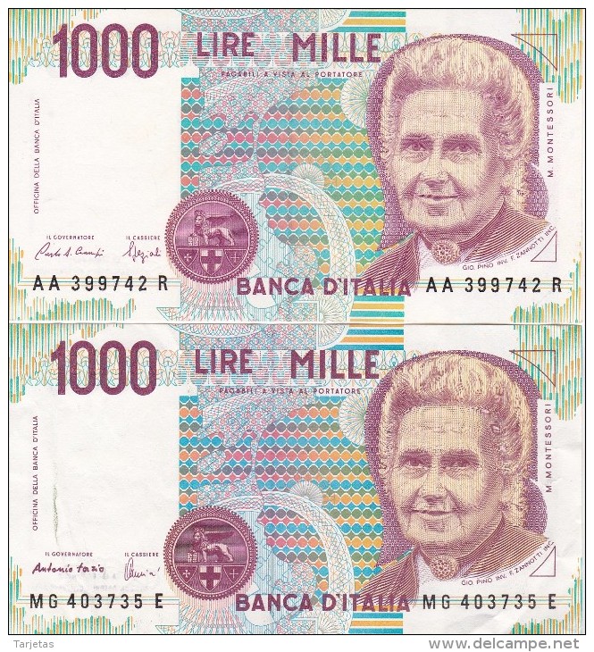 LOTE DE 2 BILLETES DIFERENTES FIRMAS DE ITALIA DE 1000 LIRAS DEL AÑO 1990  MONTESSORI  (BANKNOTE) - 1000 Lire