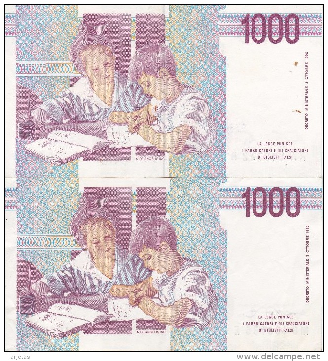 LOTE DE 2 BILLETES DIFERENTES FIRMAS DE ITALIA DE 1000 LIRAS DEL AÑO 1990  MONTESSORI  (BANKNOTE) - 1000 Liras