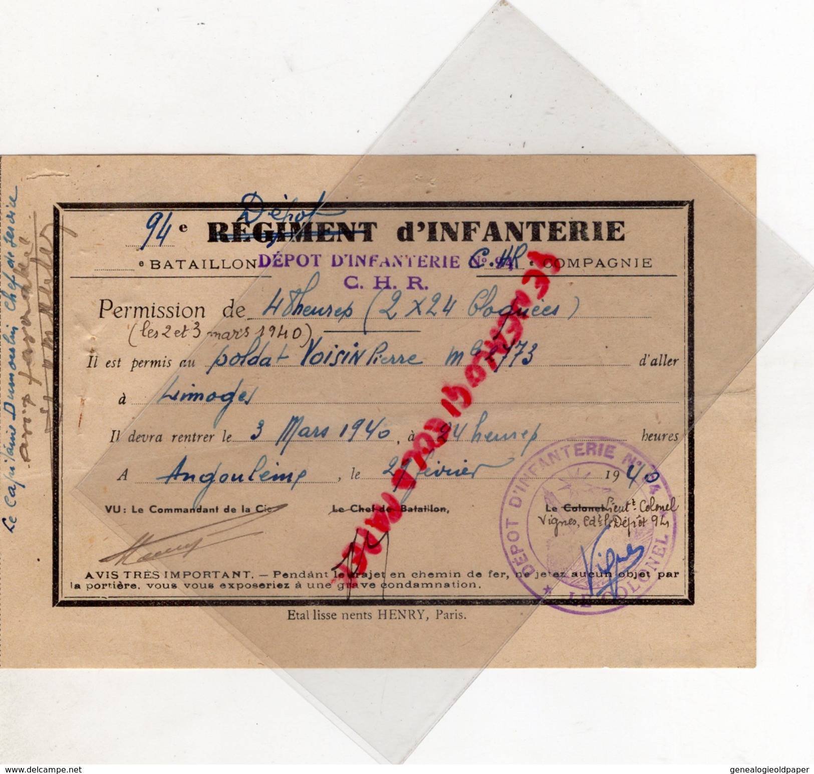 87 - GUERRE 1939-1945- LIMOGES-ANGOULEME- 94 E REGIMENT INFANTERIE DEPOT- LETTRE +PERMISSION PIERRE VOISIN-3 MARS 1940 - Documents Historiques