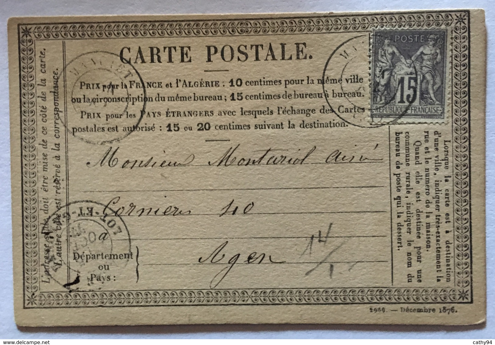 CARTE PRÉCURSEUR Pour AGEN Affranchissement Type Sage Octobre 1877 - Precursor Cards