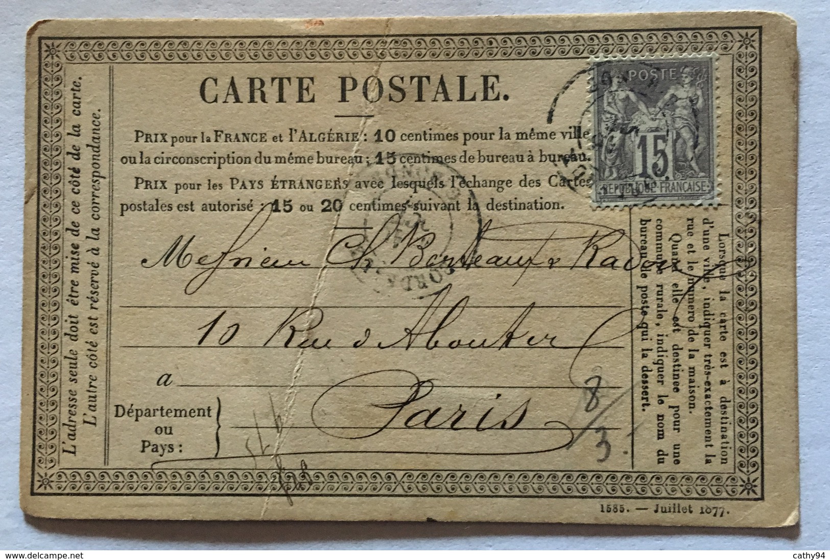 CARTE PRÉCURSEUR De BORDEAUX Pour PARIS Affranchissement Type Sage 1877 - Vorläufer