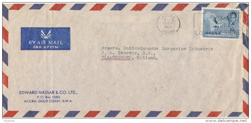 Ghana Air Mail Cover Sent To Holland Accra 15-11-1958 Single Stamp MAP (bended Cover ) - Ghana (1957-...)