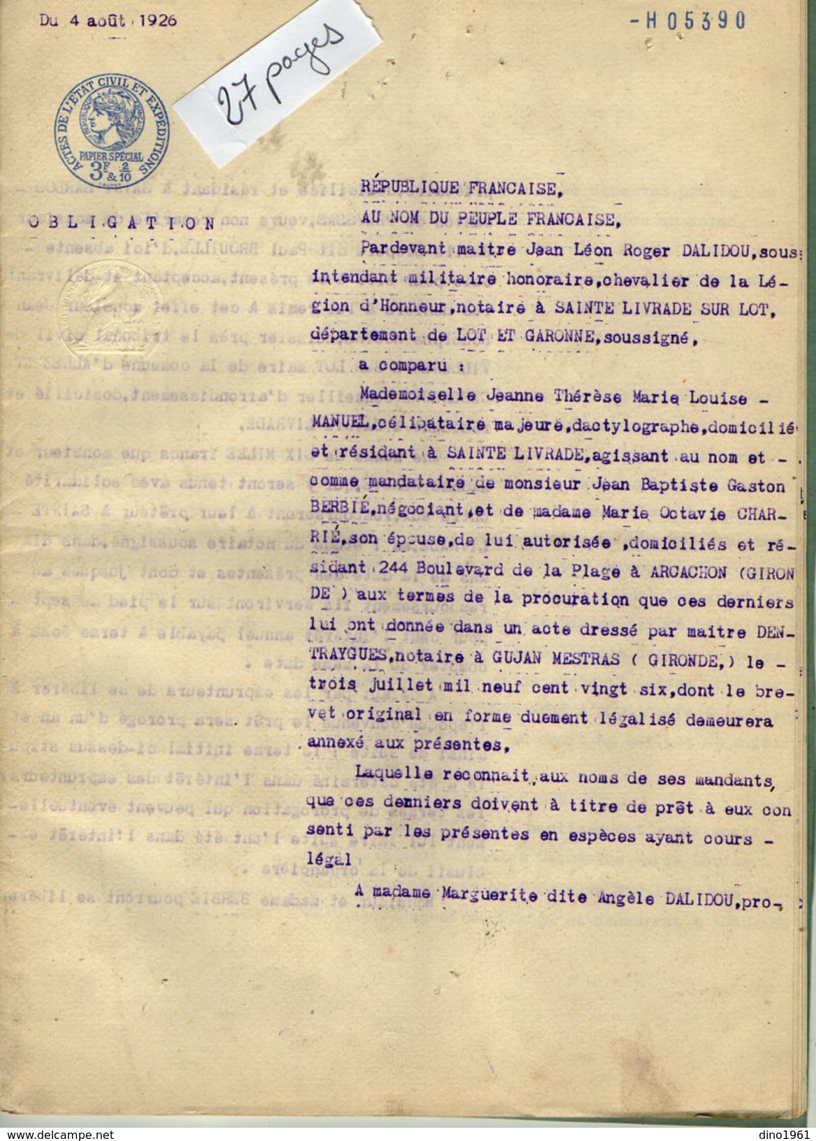 VP6108 - SAINTE LIVRADE - Acte De 1926 - Obligation Par BERBIE à ARCACHON à BROUILLE De SAINT SARDOS - Collections