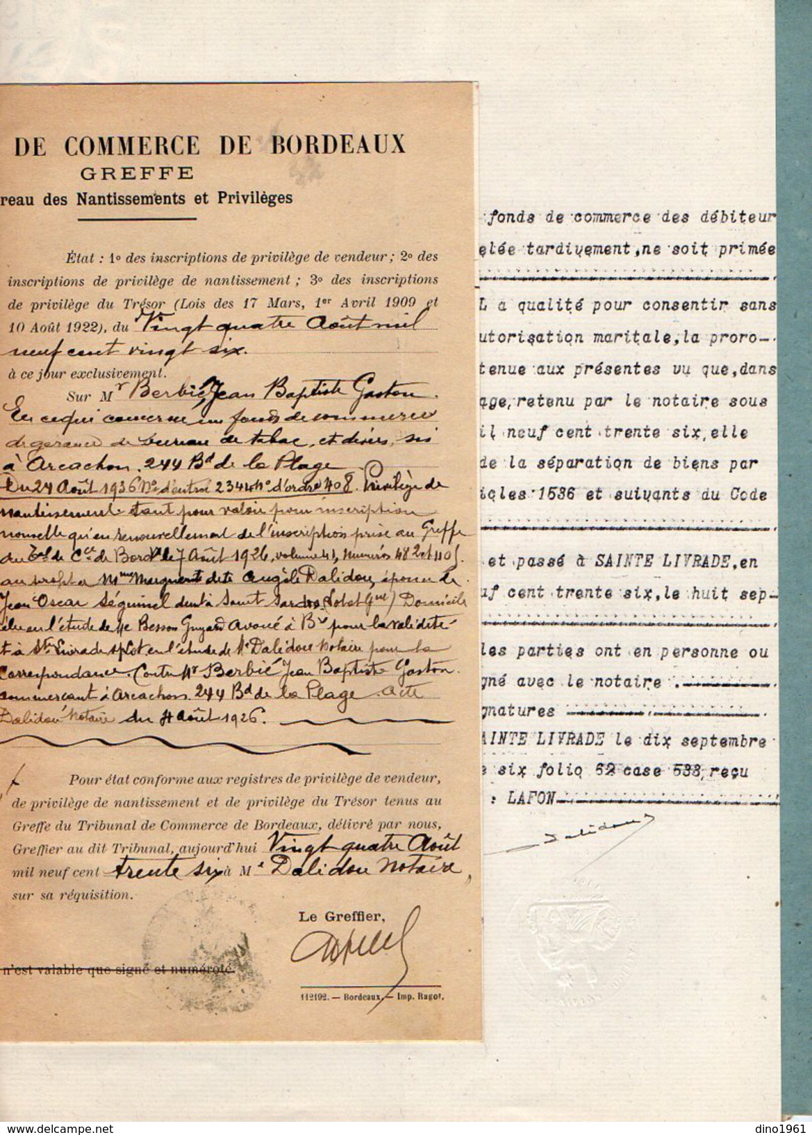 VP6108 - SAINTE LIVRADE - Acte De 1926 - Obligation Par BERBIE à ARCACHON à BROUILLE De SAINT SARDOS - Collections