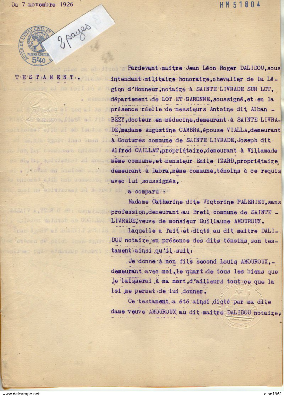 VP6109 - SAINTE LIVRADE - Acte De 1926 - Testament Vve G.AMOUROUX Née V.PALERIEU - Collezioni