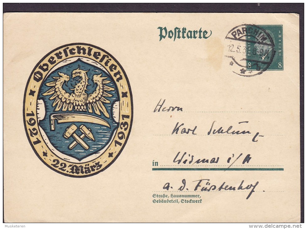 Deutsches Reich Postal Stationery Ganzsache 'Oberschlesien' Cachet PARCHIM 1931 WISMAR A. D. FÜRSTENHOF (2 Scans) - Briefkaarten