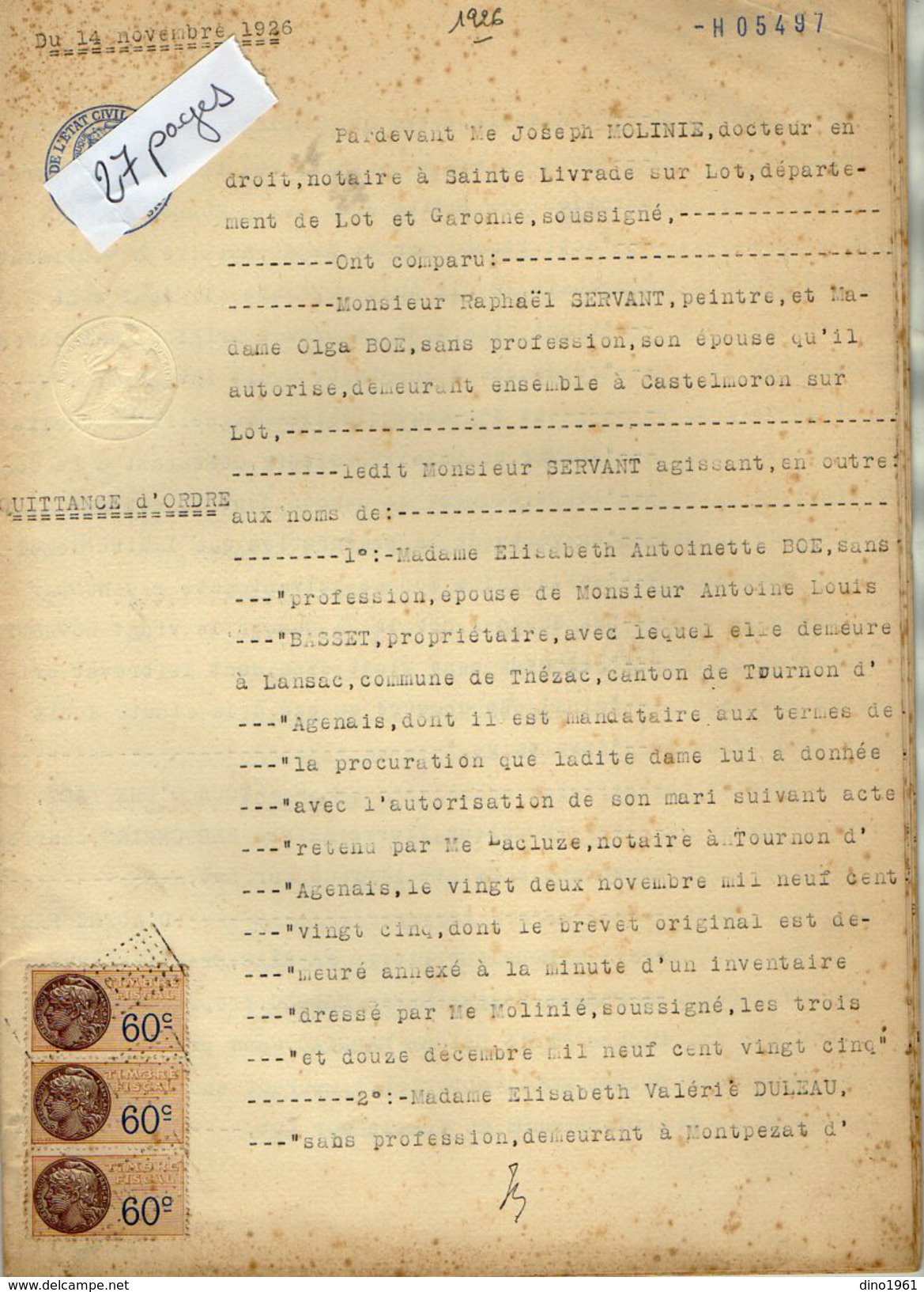 VP6110 - SAINTE LIVRADE - Acte De 1926 - Quittance D'Orde à SERVANT De CASTELMORON SUR LOT à MALBEC Au TEMPLE SUR LOT - Collections