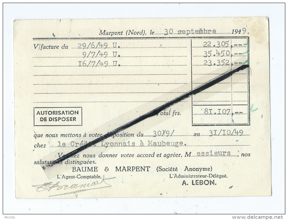 Carte Postale   -  Baume & Marpent  - Sociètè Anonyme   - Marpent  (Nord ) - Dunkerque