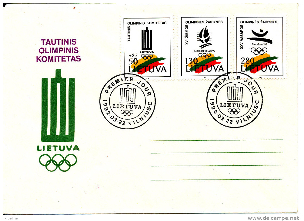 Lithuania FDC 22-3-1992 Olympic Games Complete Set Of 3 With Cachet - Lithuania