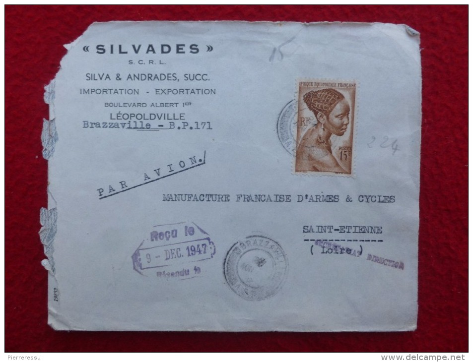 FRANCE COLONIES CACHET BRAZZAVILLE A E F PAR AVION 1947 - Lettres & Documents