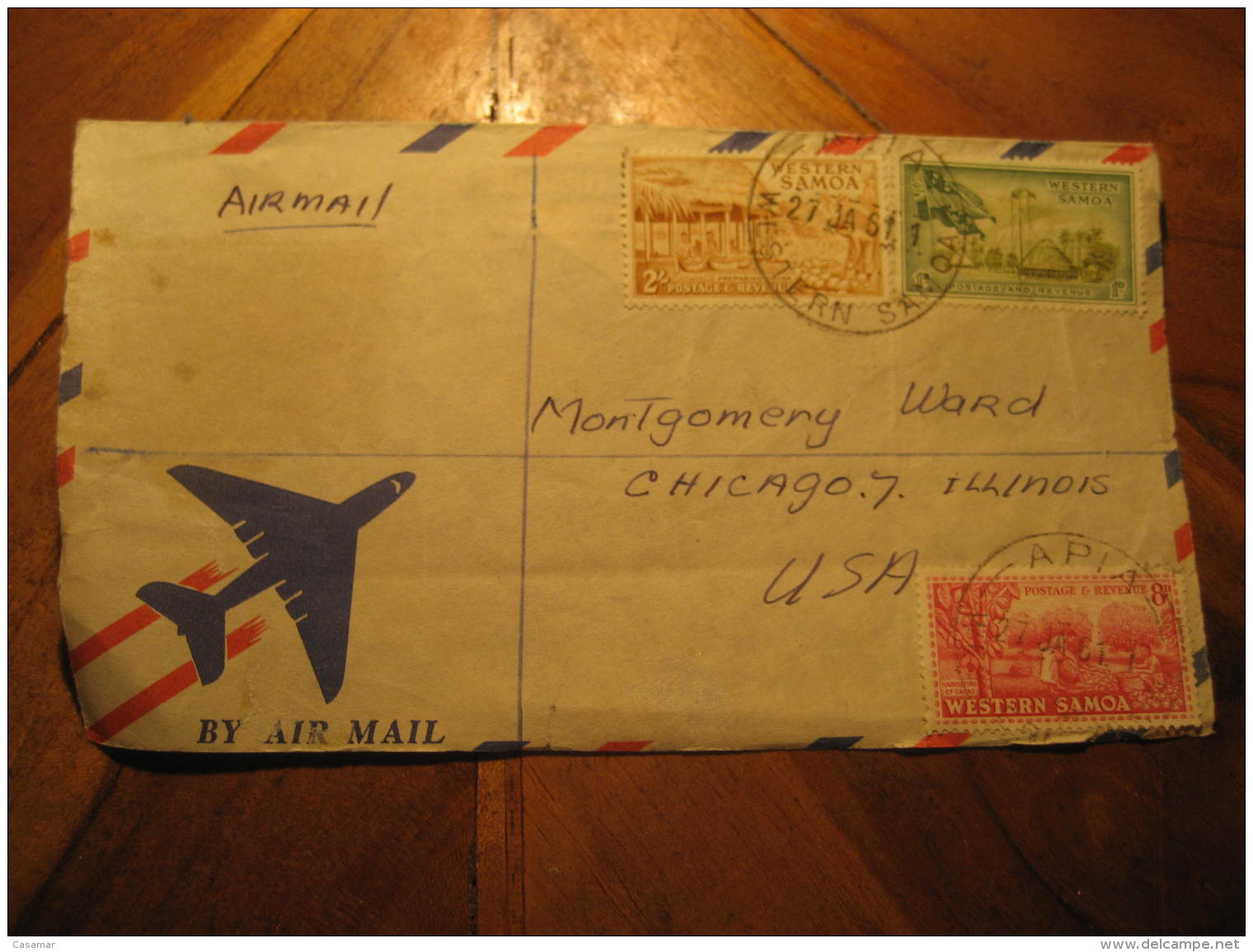 APIA 1961 To Chicago USA 3 Stamp On Air Mail Frontal Front Cover Western Samoa - Samoa