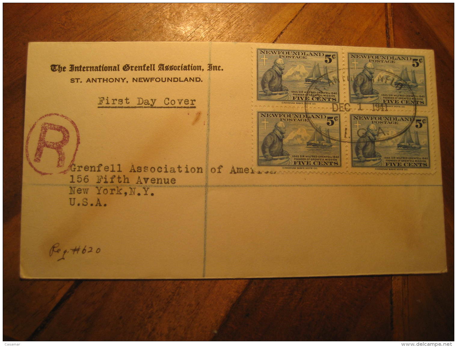 ST. ANTHONY 1941 To New York USA Grenfell Bloc Of 4 Stamp On FDC Registered Cover Newfoundland Canada - 1908-1947