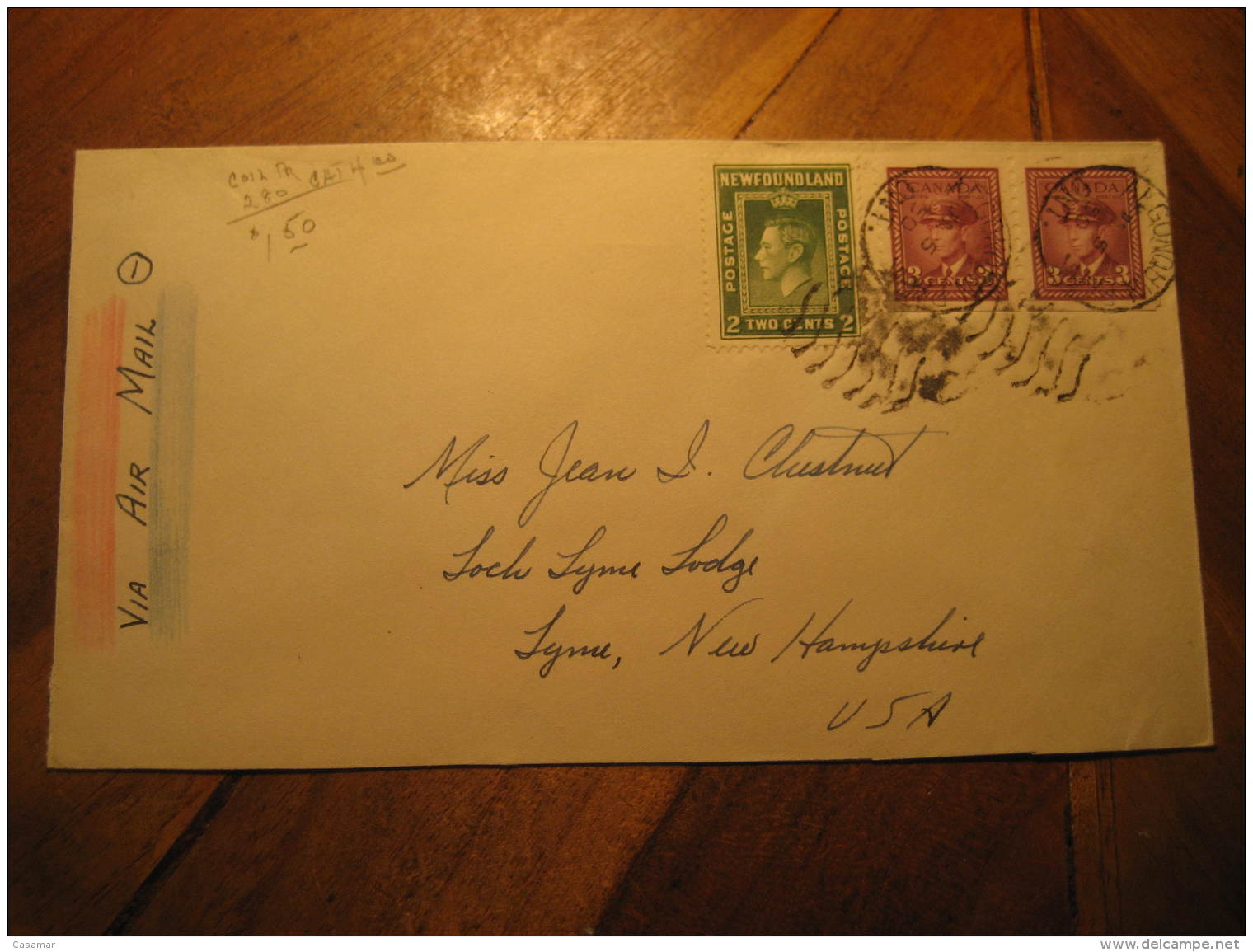 ALGONQUIN PARK 1950 To Lyme USA Mixed Franking 3 Stamp On Air Mail Cover Newfoundland Canada - 1908-1947