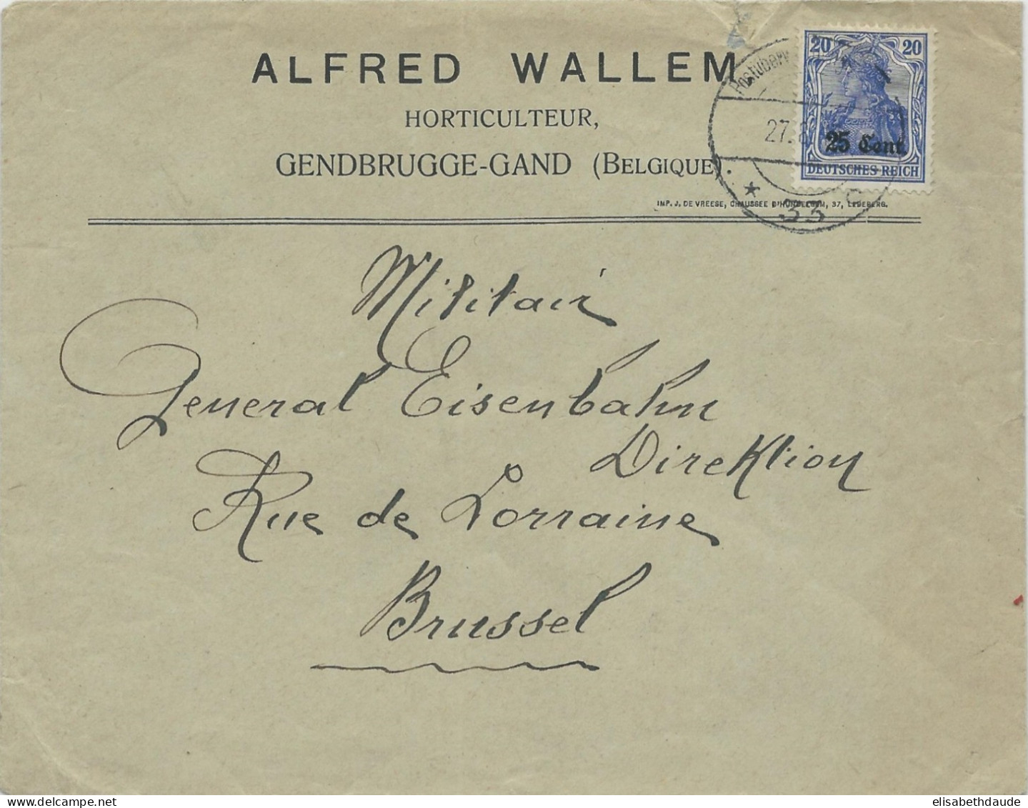 OCC. ALLEMANDE En BELGIQUE - POSTES D'ETAPES - 1915 - ENVELOPPE COMMERCIALE De GENDBRUGGE Pour BRUXELLES - OC26/37 Etappengebied.