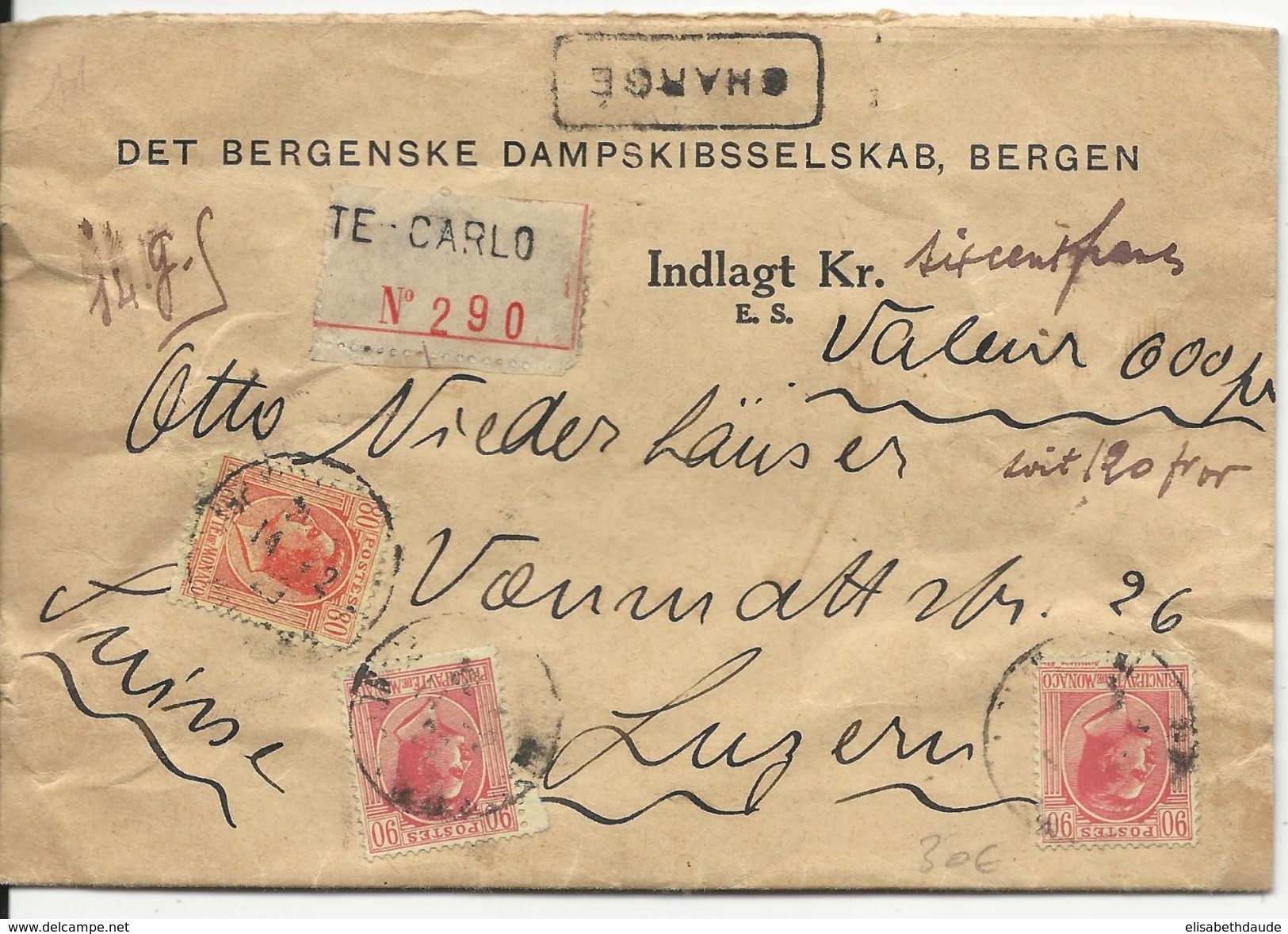 MONACO - 1929 - ENVELOPPE COMMERCIALE (SOCIETE NORVEGIENNE) CHARGEE De MONTE-CARLO Pour LUZERN (SUISSE) - Postmarks