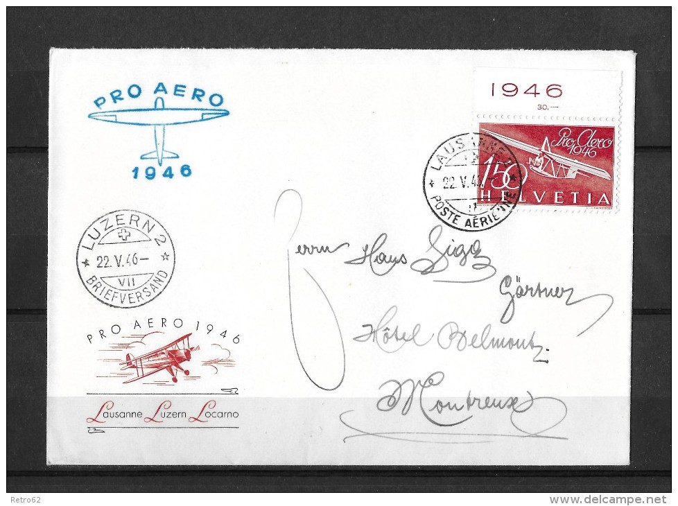 PRO AERO 1946 &#8594; Offizieller Umschlag Lausanne-Luzern-Locarno &#9658;SBK-F41 Mit Tab&#9668; - Erst- U. Sonderflugbriefe