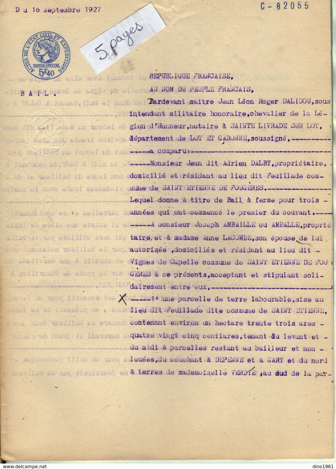 VP6120 - SAINTE LIVRADE - Acte De 1927 - Bail à Ferme Par A.DALDY à J.AMBAILLE De SAINT ETIENNE DE FOUGERES - Collections