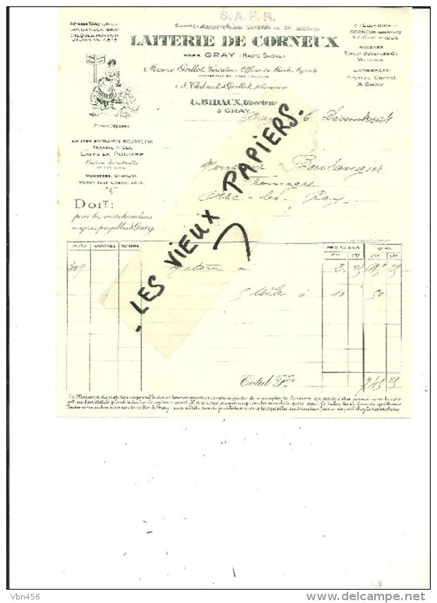 70 - Haute-saône - CORNEUX - Facture BIDAUX - Laiterie-beurre-lait-fromages – 1934 - REF 48C - 1900 – 1949
