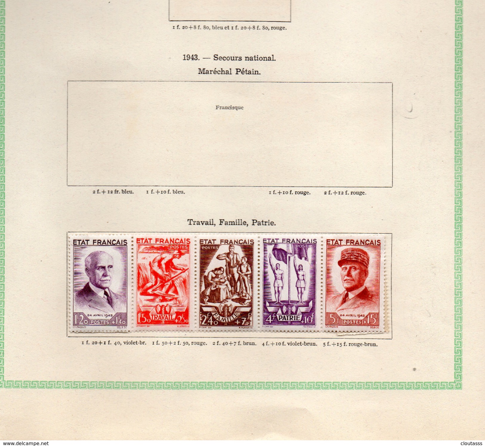 1943 )    TRAVAIL FAMILLE PATRIE - BANDE DES CINQ TIMBRES  COMPLETE- ABSOILUMENT NEUVE-Y T 580 A  50% Cote - Hojas Completas