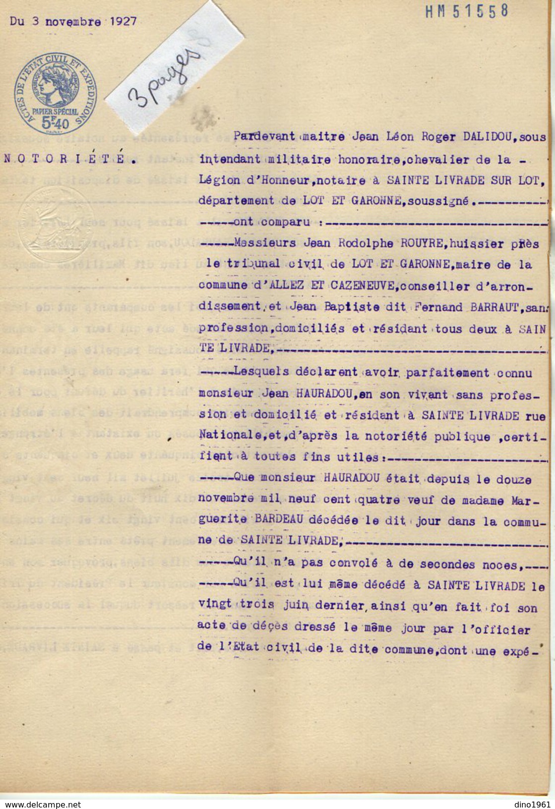 VP6122 - SAINTE LIVRADE - Acte De 1927 - Généalogie - Notoriété Mr J.HAURADON - Collections