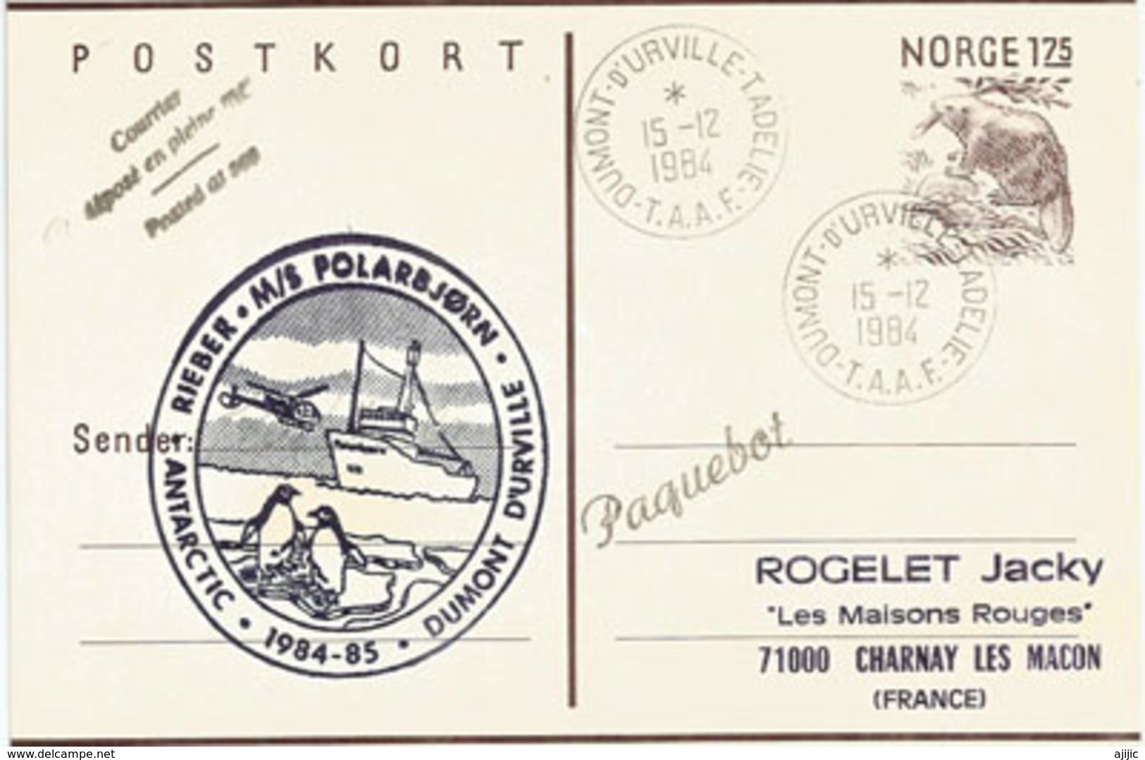 Expedition Norvégienne Rieber. M/S Polarbjorn à La Bse DUMONT D'URVILLE/ANTARCTIQUE En 1984, Carte Posted At Sea - Antarctische Expedities