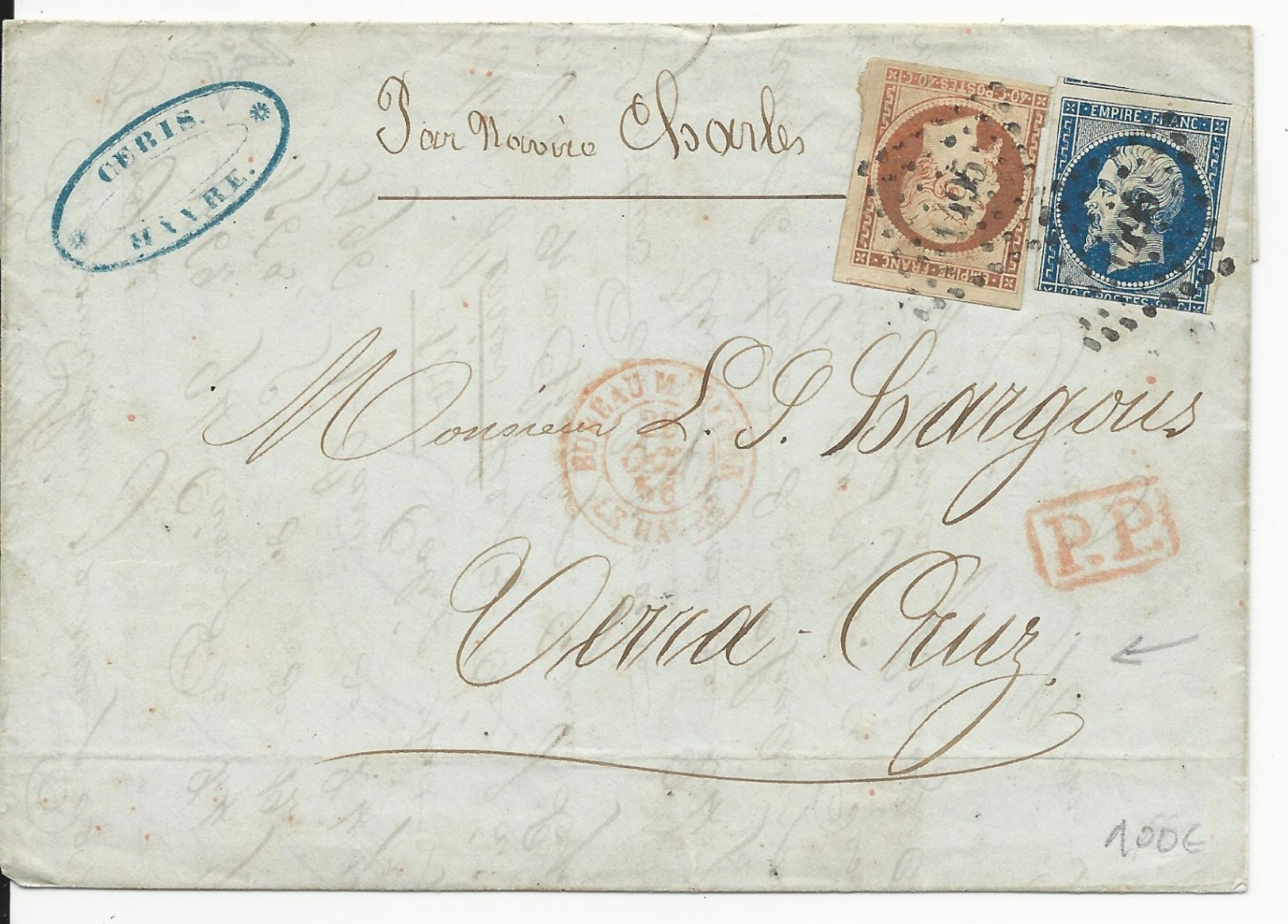 1856 - 40c+20c EMPIRE Sur LETTRE De LE HAVRE T15 ROUGE "BUREAU MARITIME" Pour VERA CRUZ (MEXIQUE) - RARE - 1849-1876: Période Classique