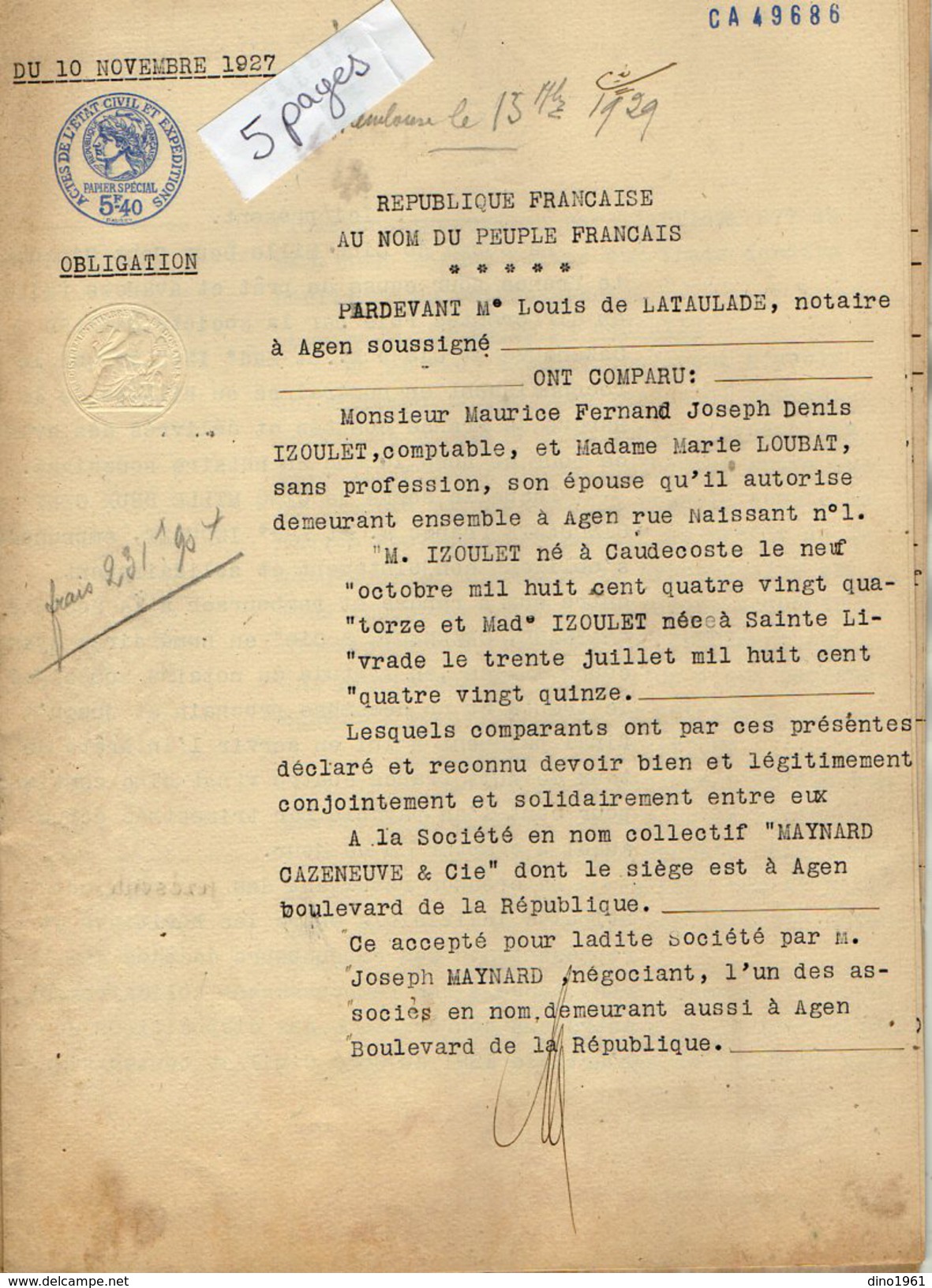 VP6123  - 2 Actes De 1927 - Obligation Par Mr & Mme IZOULET à La Société CAZENEUVE & Cie à AGEN - Collections