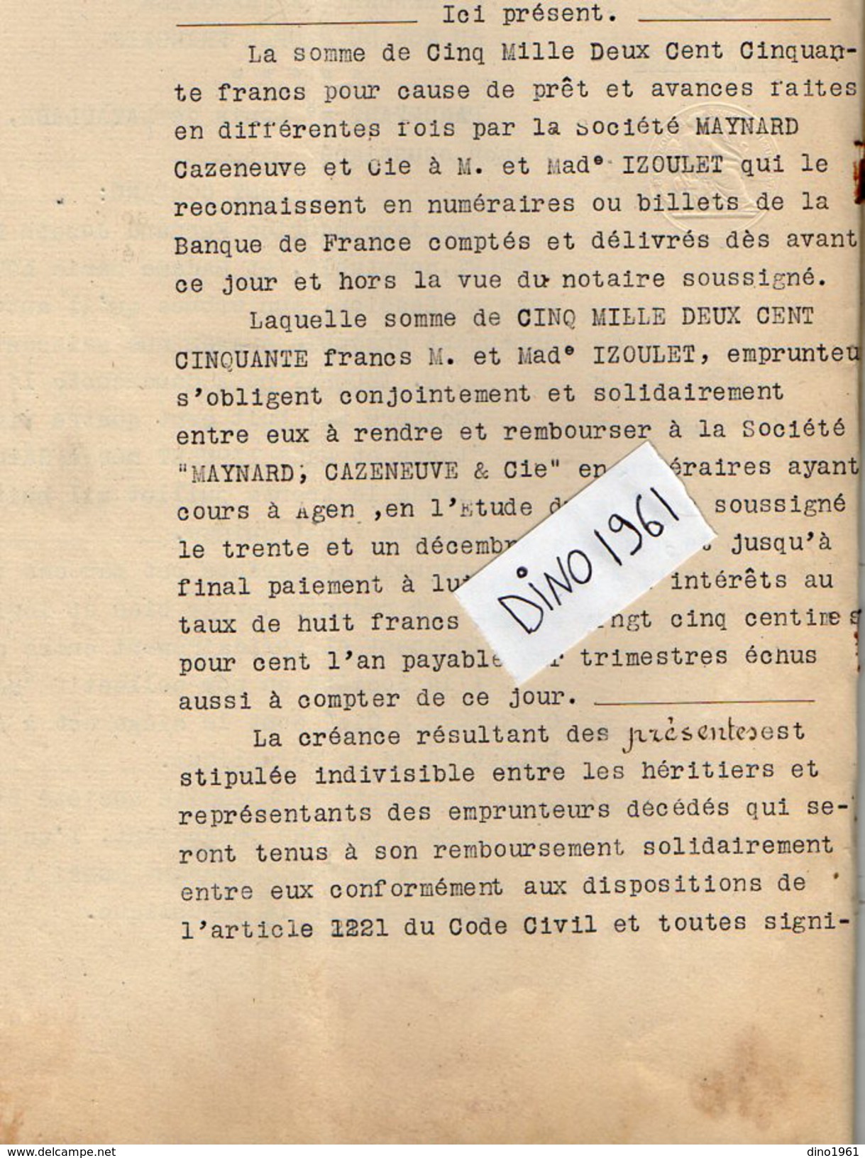 VP6123  - 2 Actes De 1927 - Obligation Par Mr & Mme IZOULET à La Société CAZENEUVE & Cie à AGEN - Collections