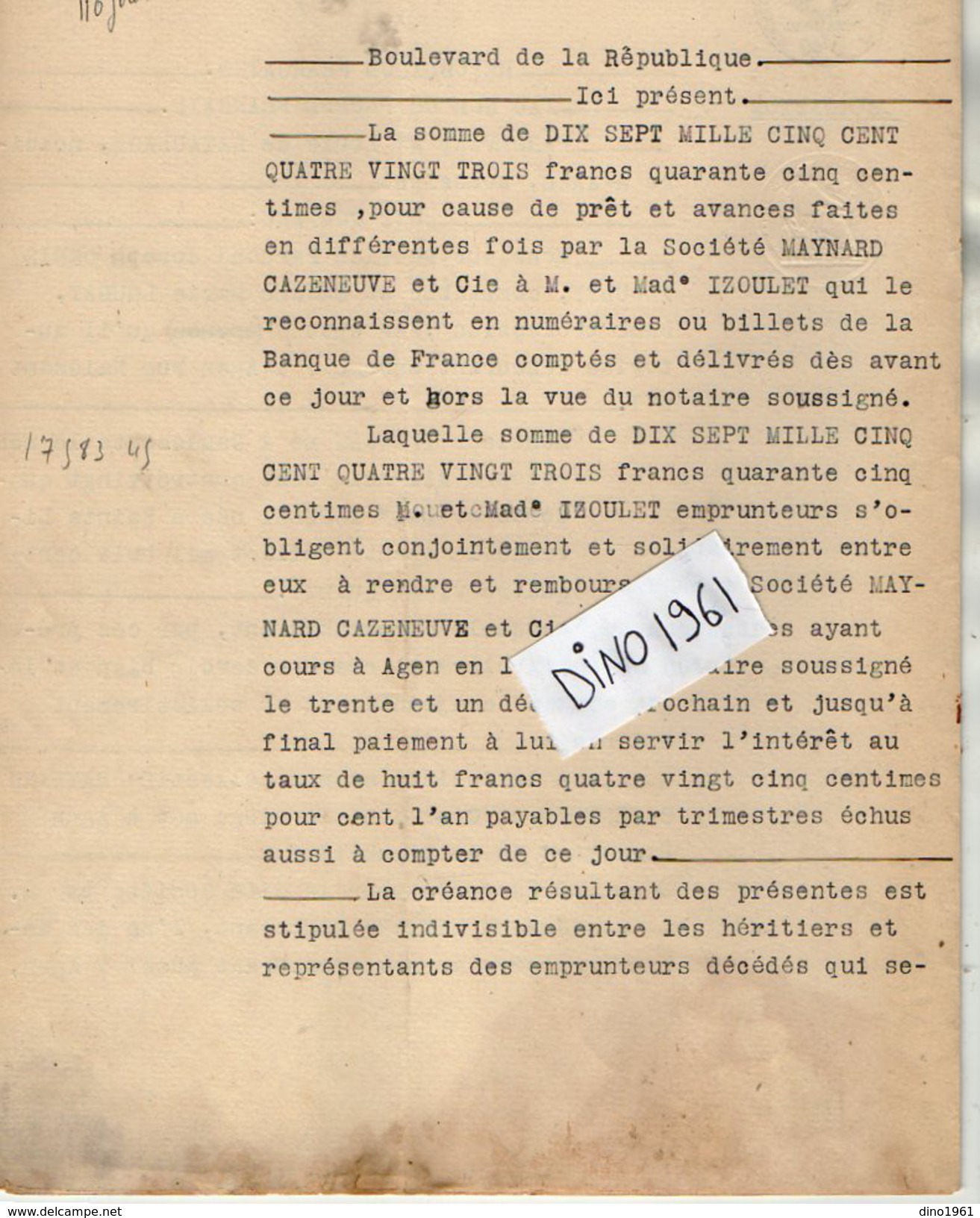 VP6123  - 2 Actes De 1927 - Obligation Par Mr & Mme IZOULET à La Société CAZENEUVE & Cie à AGEN - Collections