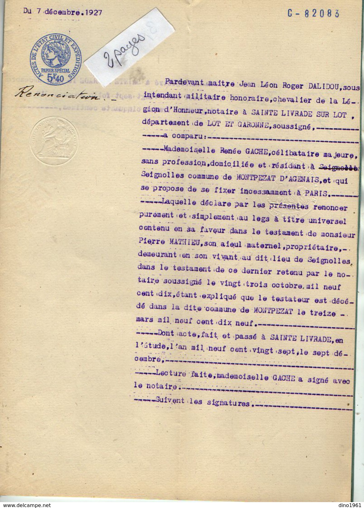 VP6126 - SAINTE LIVRADE - Acte De 1927 - Renonciation Par Melle Renée GACHE à MONTPEZAT D'AGENAIS - Verzamelingen